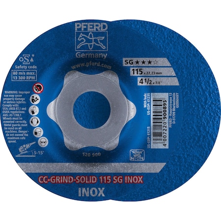 Pferd 61215 4-1/2in CC-GRIND-SOLID 7/8in A.H. - SG for STAINLESS / INOX 61215-PFERD